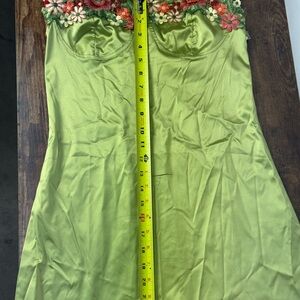 Green Satin Slip Dress with Floral Trim